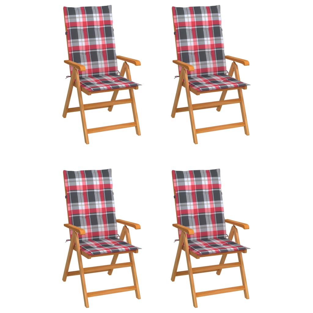 Sedie Giardino 4 pz con Cuscini Rossi a Quadri Massello di Teak