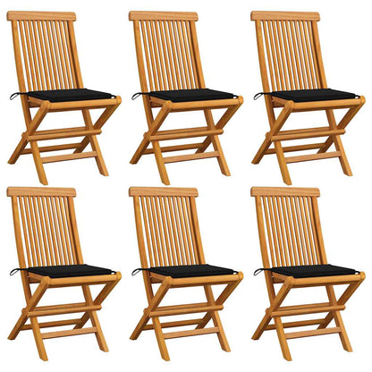 Sedie da Giardino con Cuscini Neri 6 pz in Massello di Teak