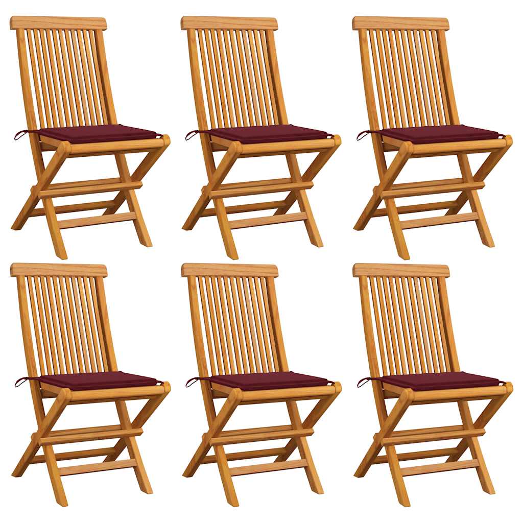 Sedie da Giardino con Cuscini Rosso Vino 6 pz Massello di Teak