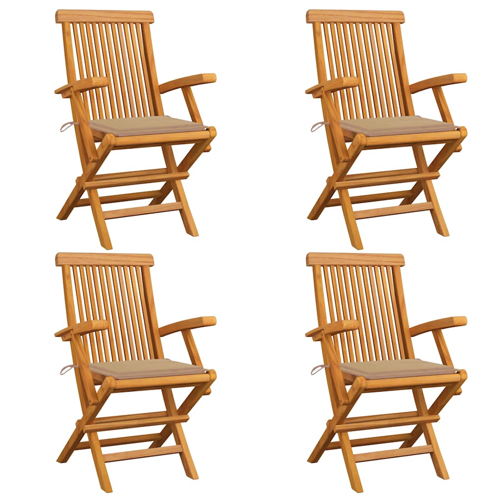 Sedie da Giardino con Cuscini Beige 4pz Legno Massello di Teak