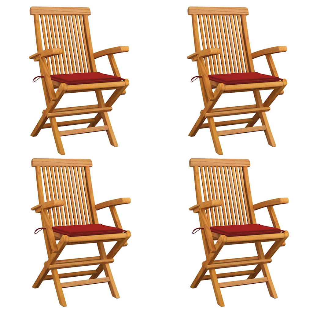 Sedie da Giardino con Cuscini Rossi 4pz Legno Massello di Teak