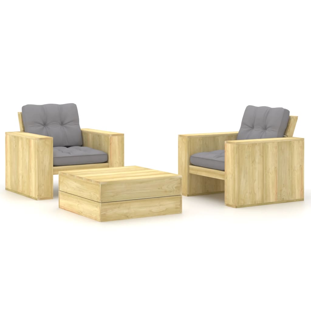 Set Divani da Giardino 3 pz con Cuscini Legno Pino Impregnato