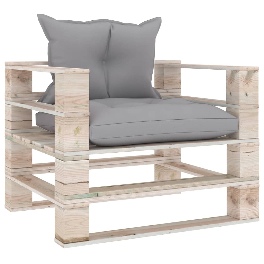 Poltrona da Giardino Pallet con Cuscini Grigi in Legno di Pino