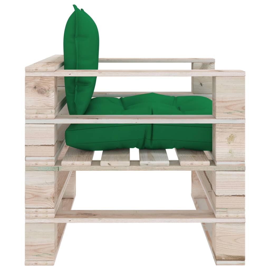 Poltrona da Giardino Pallet con Cuscini Verdi in Legno di Pino