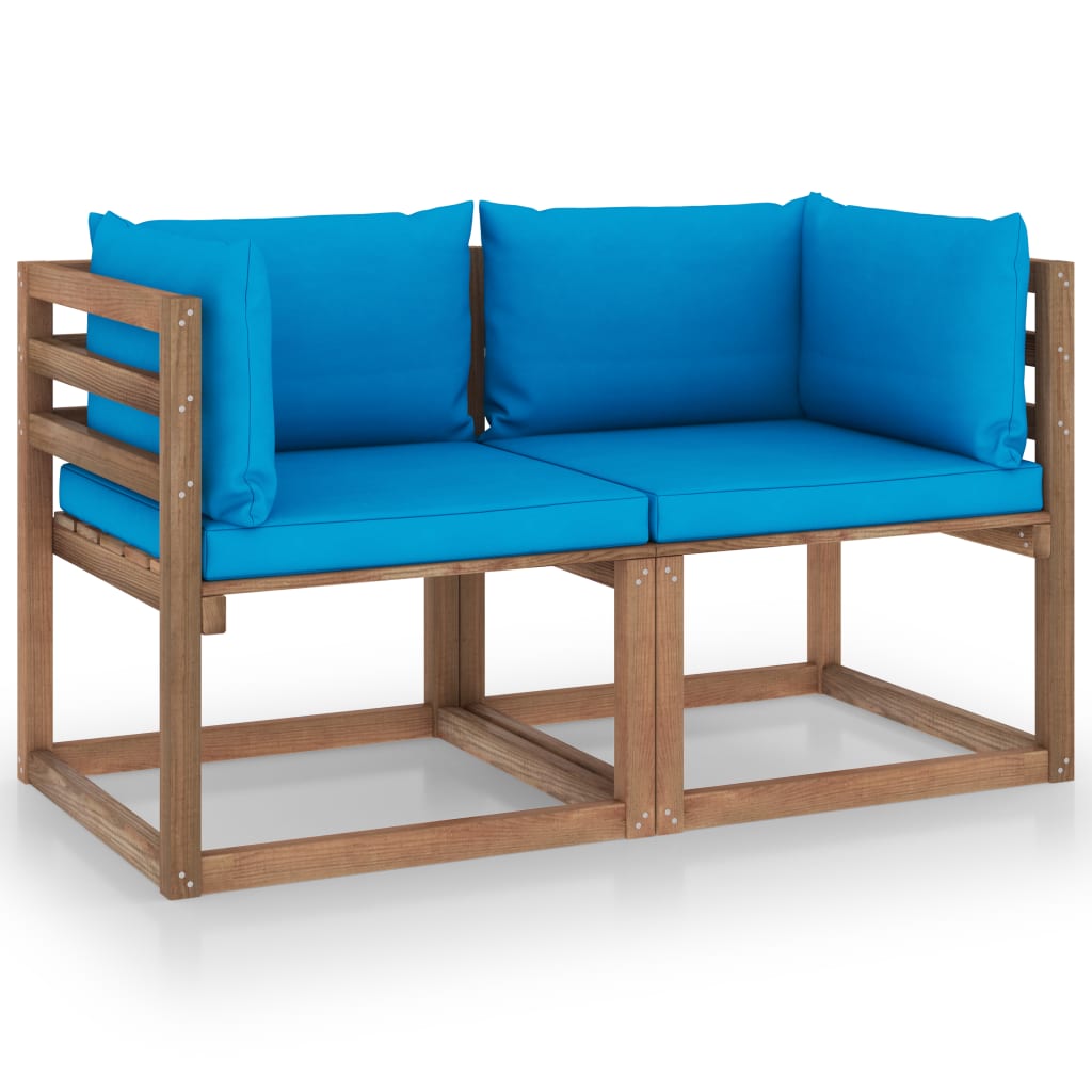 Divano da Giardino Pallet 2 Posti Cuscini Blu Chiaro Legno Pino