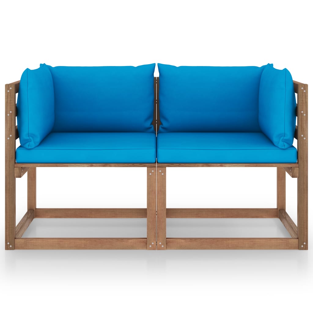 Divano da Giardino Pallet 2 Posti Cuscini Blu Chiaro Legno Pino