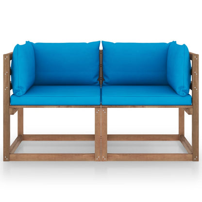 Divano da Giardino Pallet 2 Posti Cuscini Blu Chiaro Legno Pino