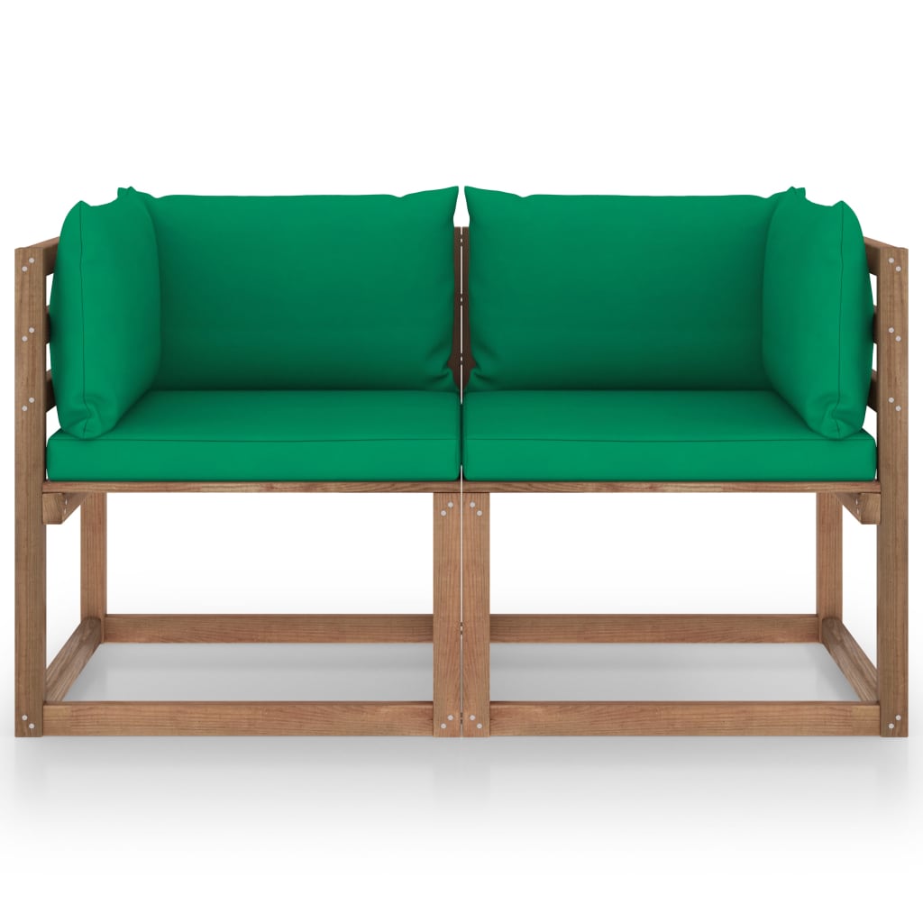 Divano da Giardino Pallet 2 Posti con Cuscini Verdi Legno Pino