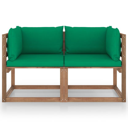 Divano da Giardino Pallet 2 Posti con Cuscini Verdi Legno Pino