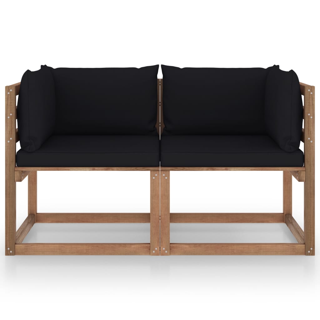 Divano da Giardino Pallet 2 Posti con Cuscini Neri Legno Pino