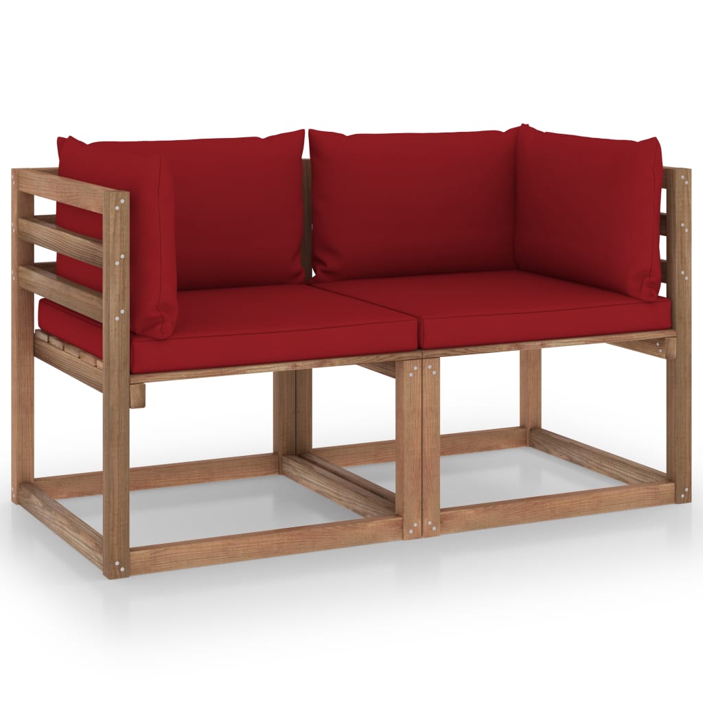 Divano da Giardino Pallet 2 Posti Cuscini Rosso Vino Legno Pino