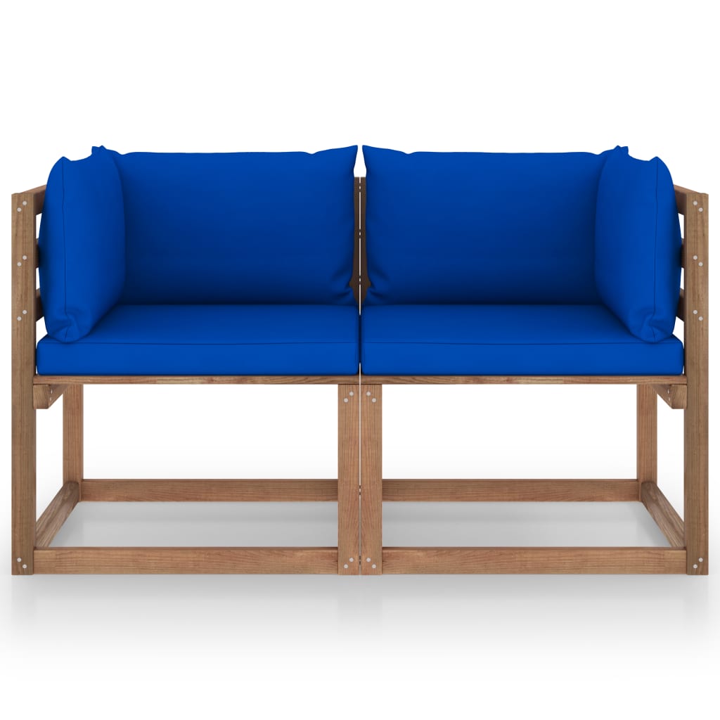 Divano da Giardino Pallet 2 Posti con Cuscini Blu Legno di Pino