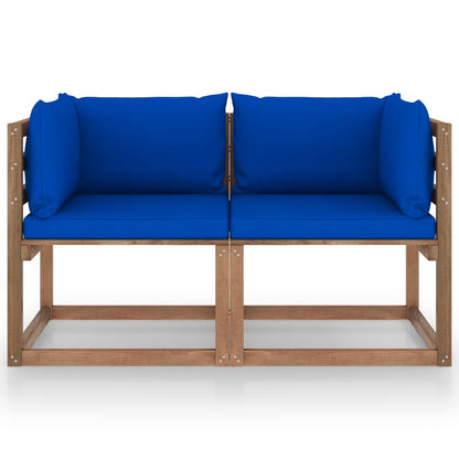 Divano da Giardino Pallet 2 Posti con Cuscini Blu Legno di Pino