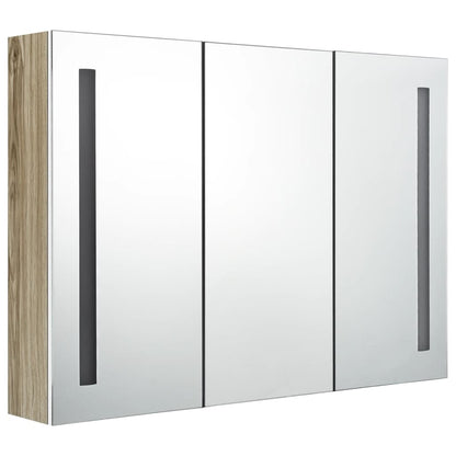 Armadietto Bagno con Specchio e LED 89x14x62 cm Bianco e Rovere