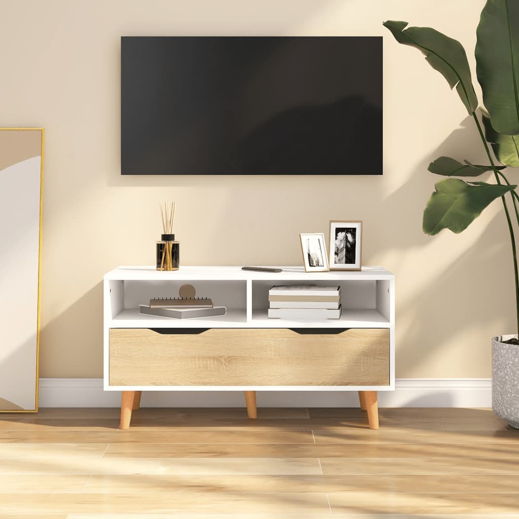 Mobile TV Bianco e Rovere Sonoma 90x40x48,5cm Legno Multistrato