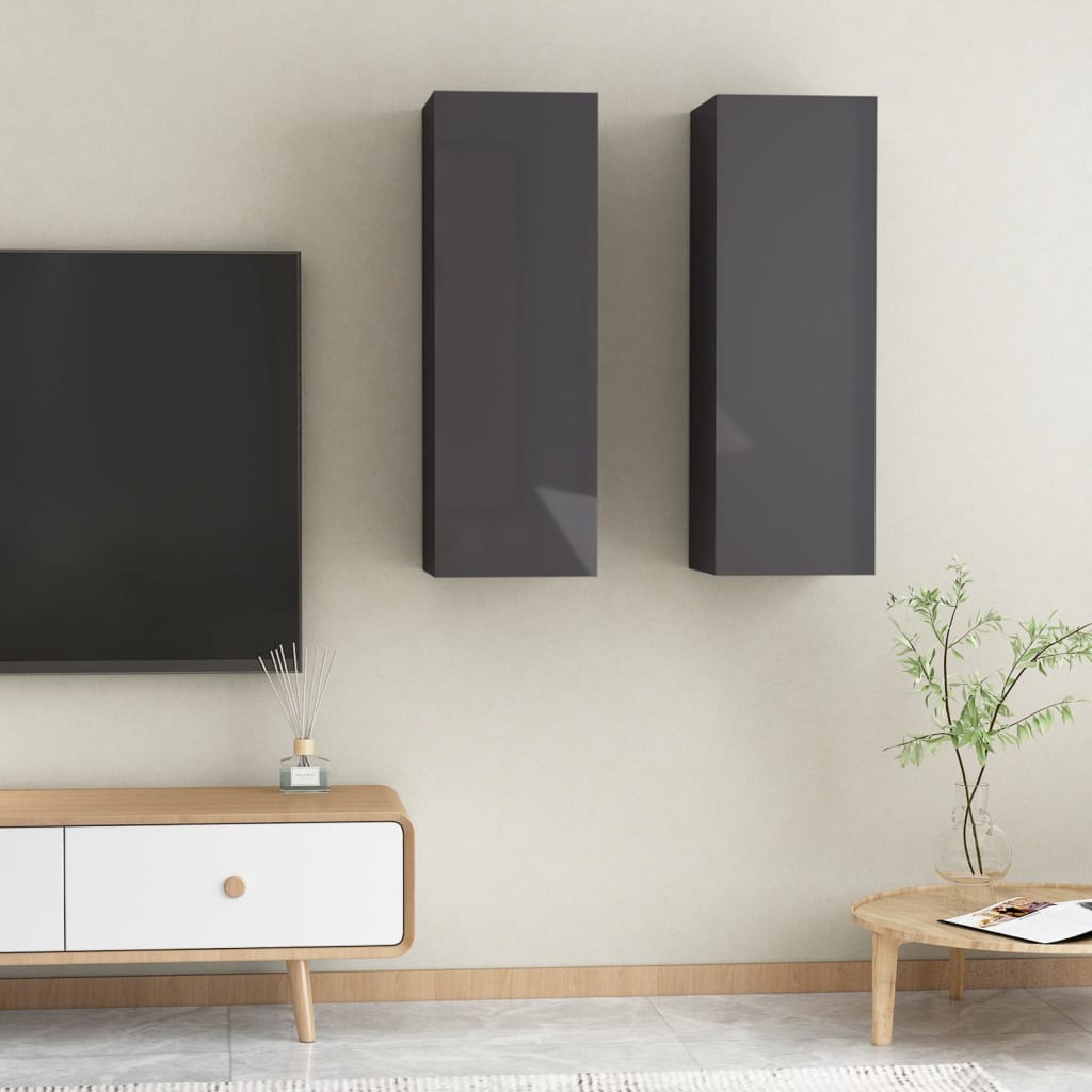 Mobili TV 2pz Grigio Lucido 30,5x30x90 cm Legno Multistrato