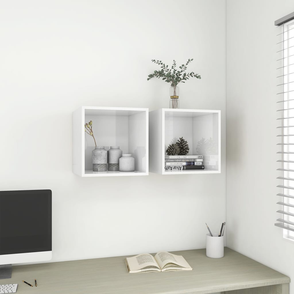 Mobili a Muro 2pz Bianco Lucido 37x37x37 cm Legno Multistrato