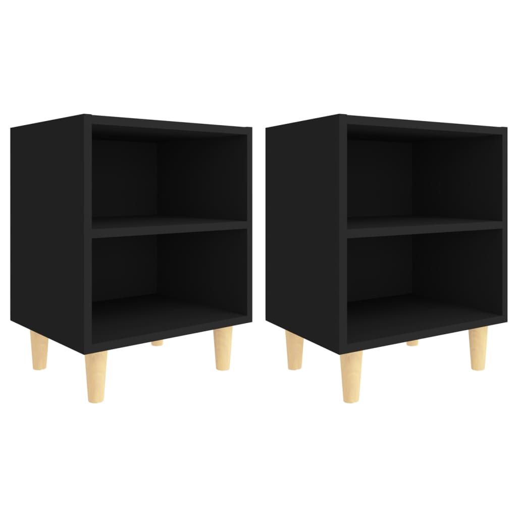 Comodini con Gambe in Legno Massello 2pz Neri 40x30x50 cm