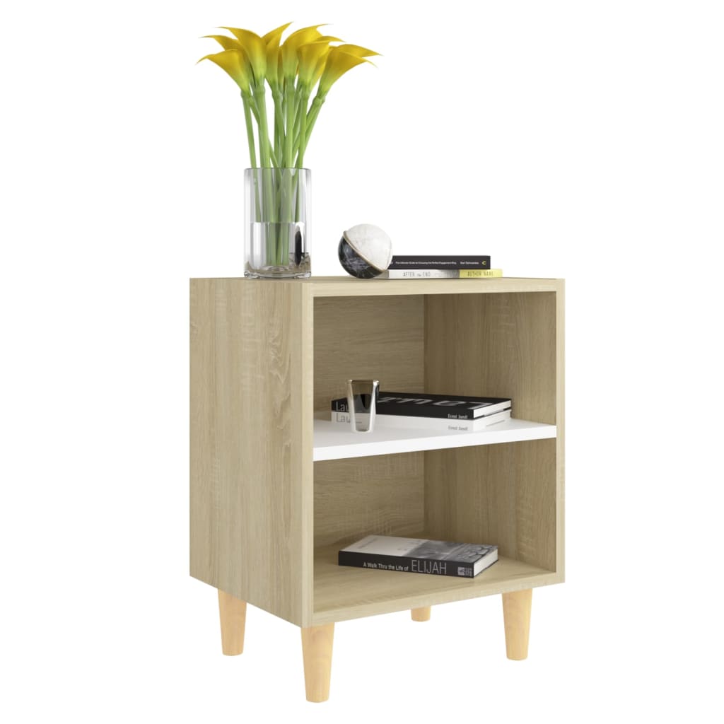 Comodini Gambe Legno Massello 2pz Rovere Sonoma Bianco 40x30x50