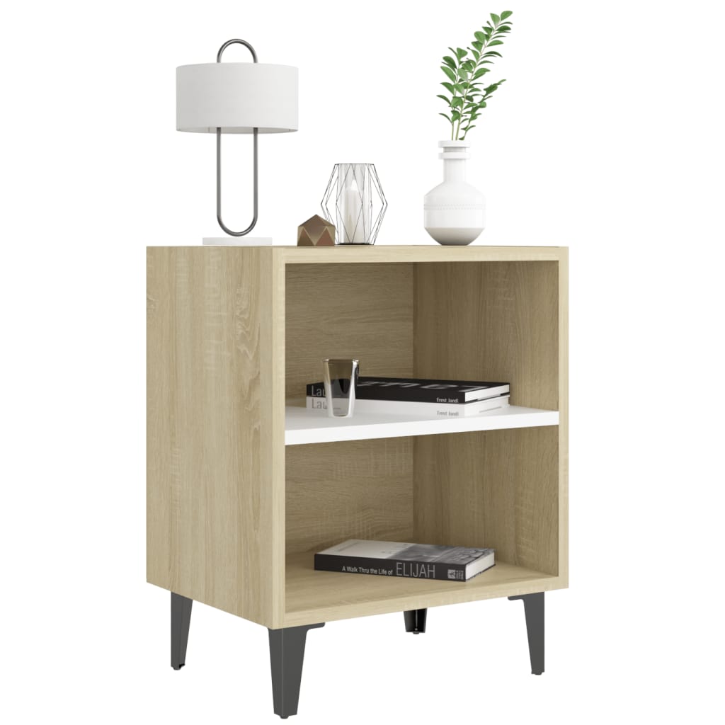 Comodini Gambe in Metallo 2pz Rovere Sonoma e Bianco 40x30x50cm