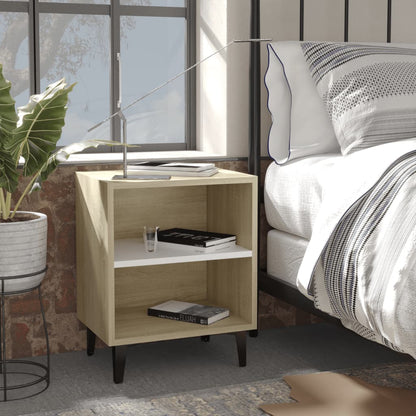 Comodini Gambe in Metallo 2pz Rovere Sonoma e Bianco 40x30x50cm