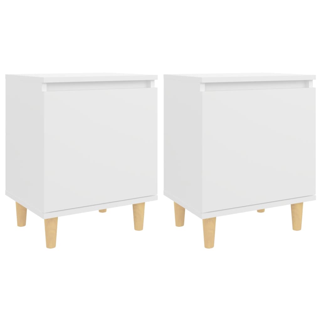 Comodini con Gambe in Legno Massello 2pz Bianchi 40x30x50 cm