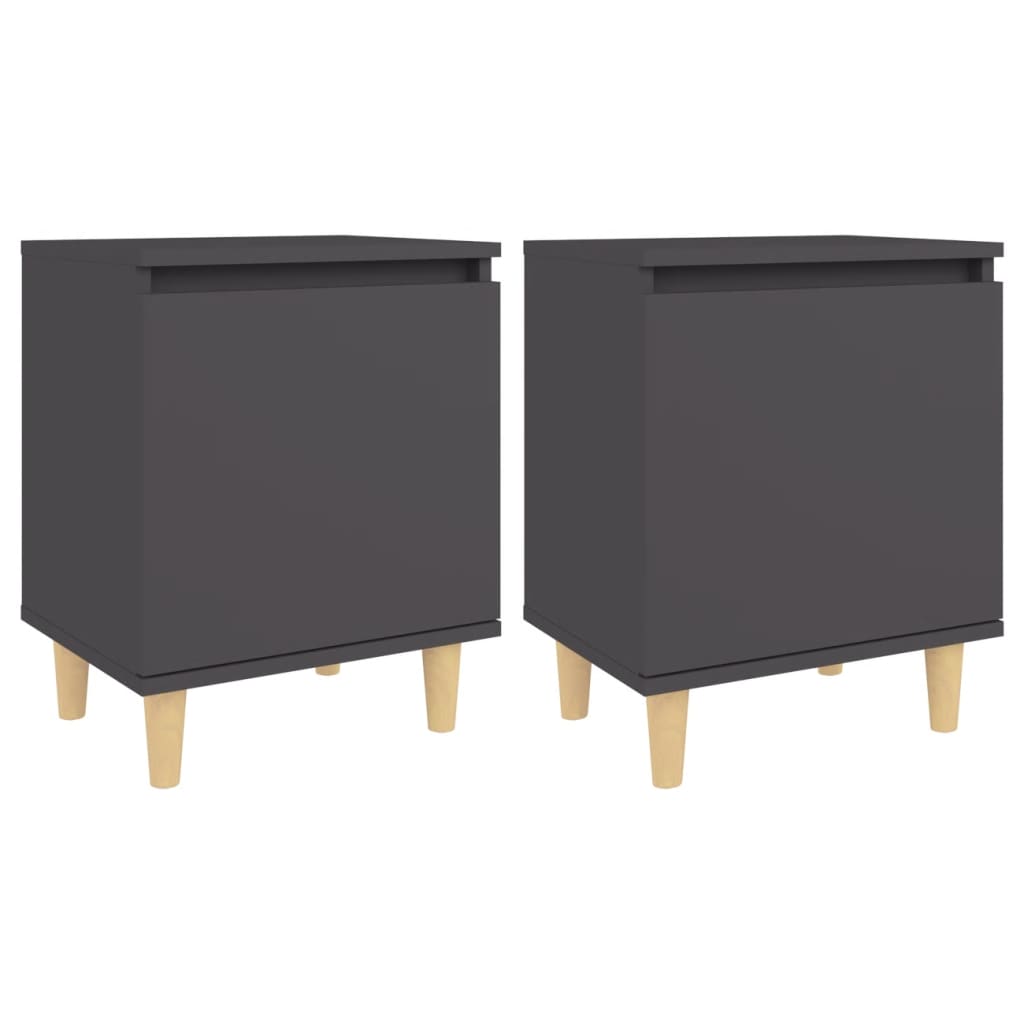 Comodini con Gambe in Legno Massello 2pz Grigi 40x30x50 cm