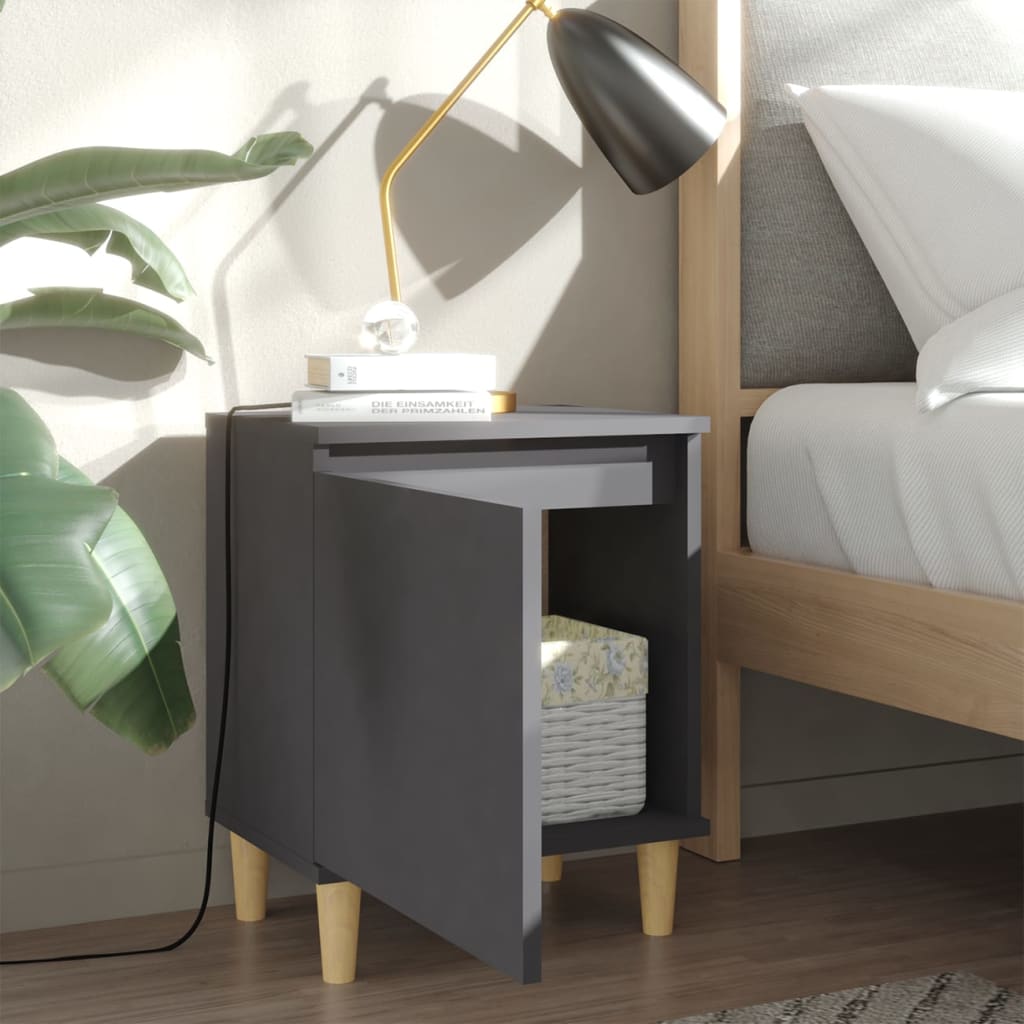 Comodini con Gambe in Legno Massello 2pz Grigi 40x30x50 cm