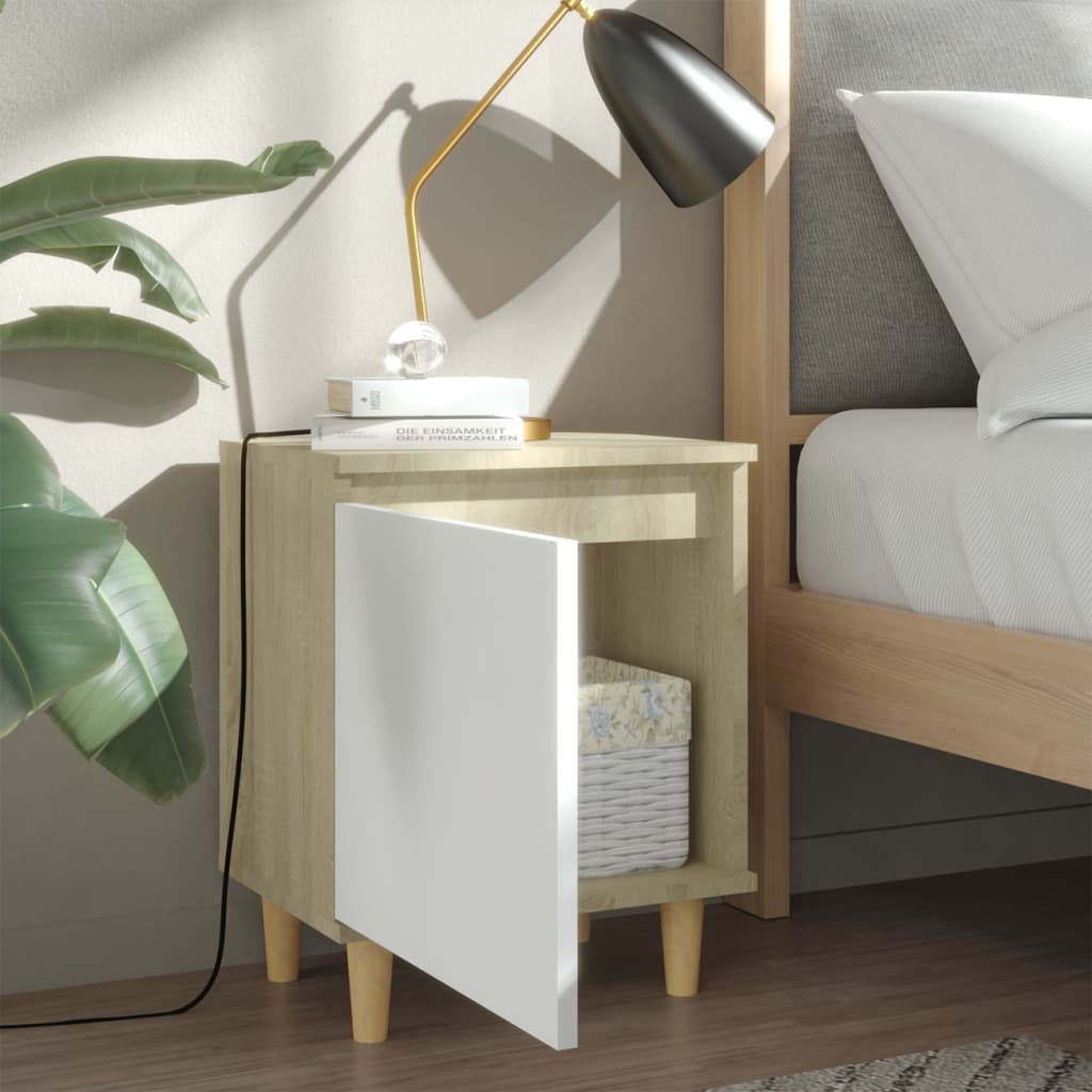 Comodino Gambe Legno Massello Rovere Sonoma e Bianco 40x30x50cm
