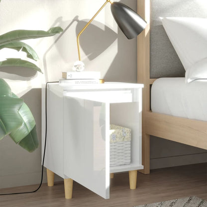 Comodino con Gambe in Legno Massello Bianco Lucido 40x30x50 cm