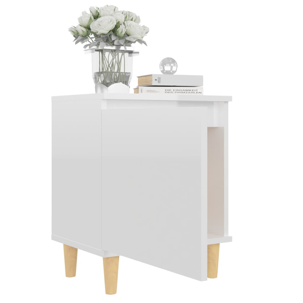 Comodino con Gambe in Legno Massello Bianco Lucido 40x30x50 cm