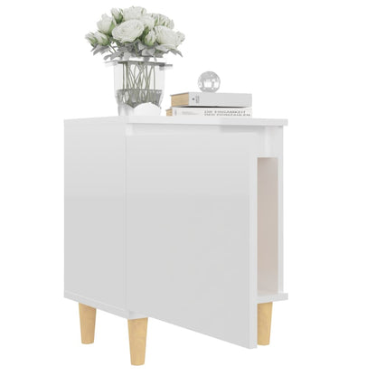 Comodino con Gambe in Legno Massello Bianco Lucido 40x30x50 cm