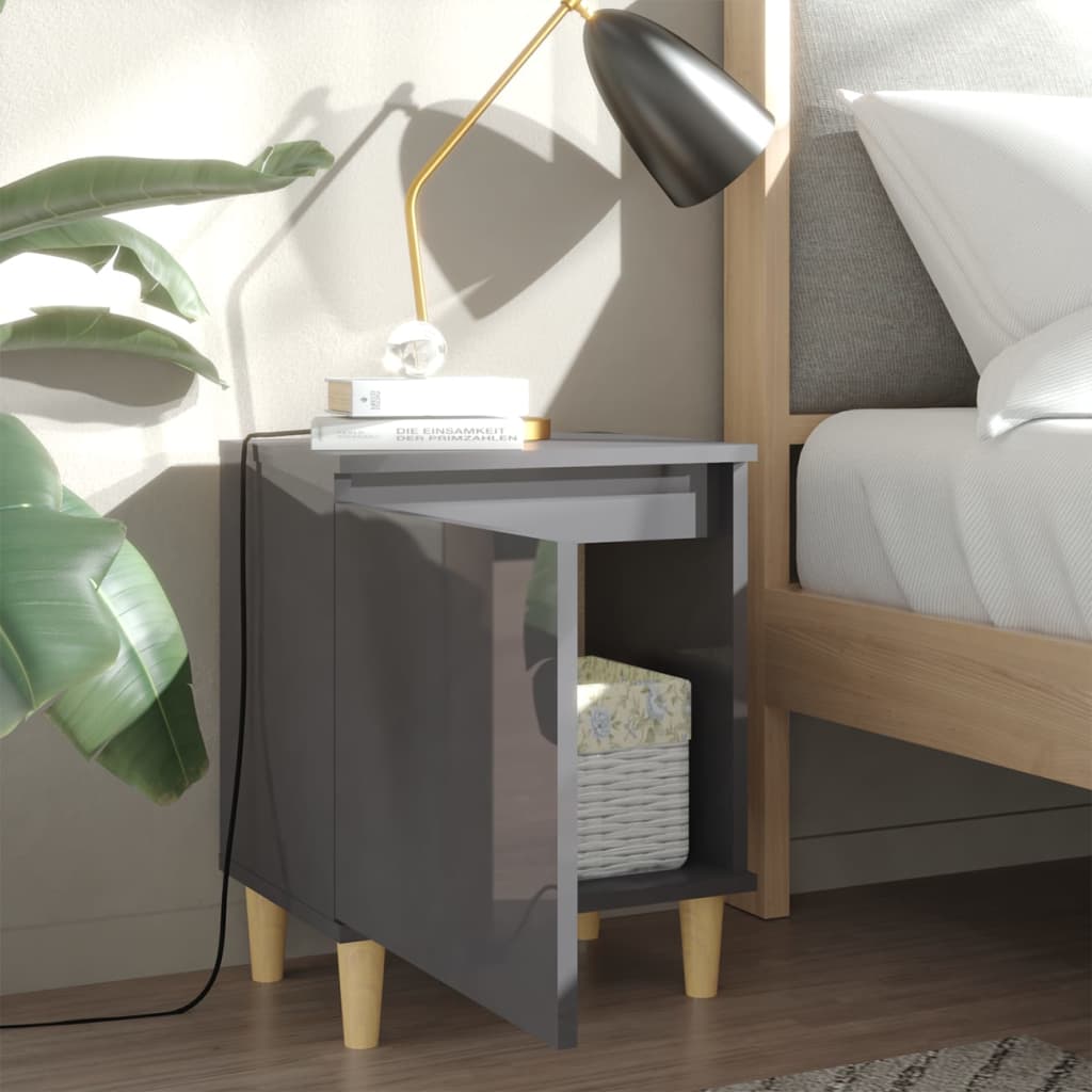 Comodino con Gambe in Legno Massello Grigio Lucido 40x30x50 cm