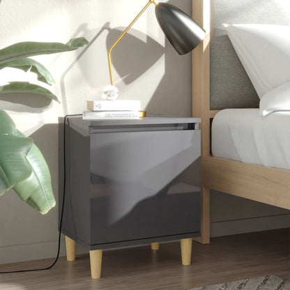 Comodino con Gambe in Legno Massello Grigio Lucido 40x30x50 cm