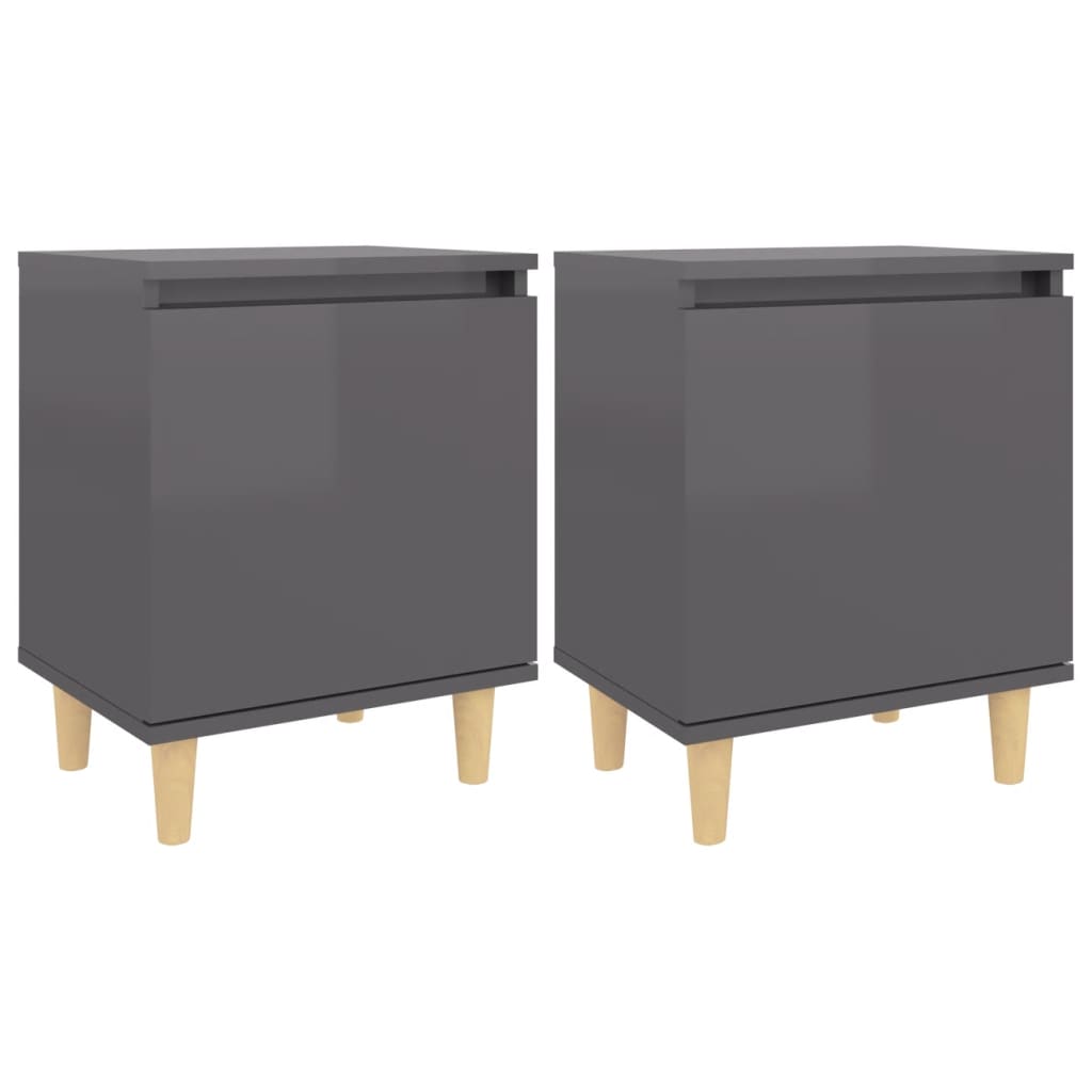 Comodini Gambe in Legno Massello 2pz Grigio Lucido 40x30x50 cm