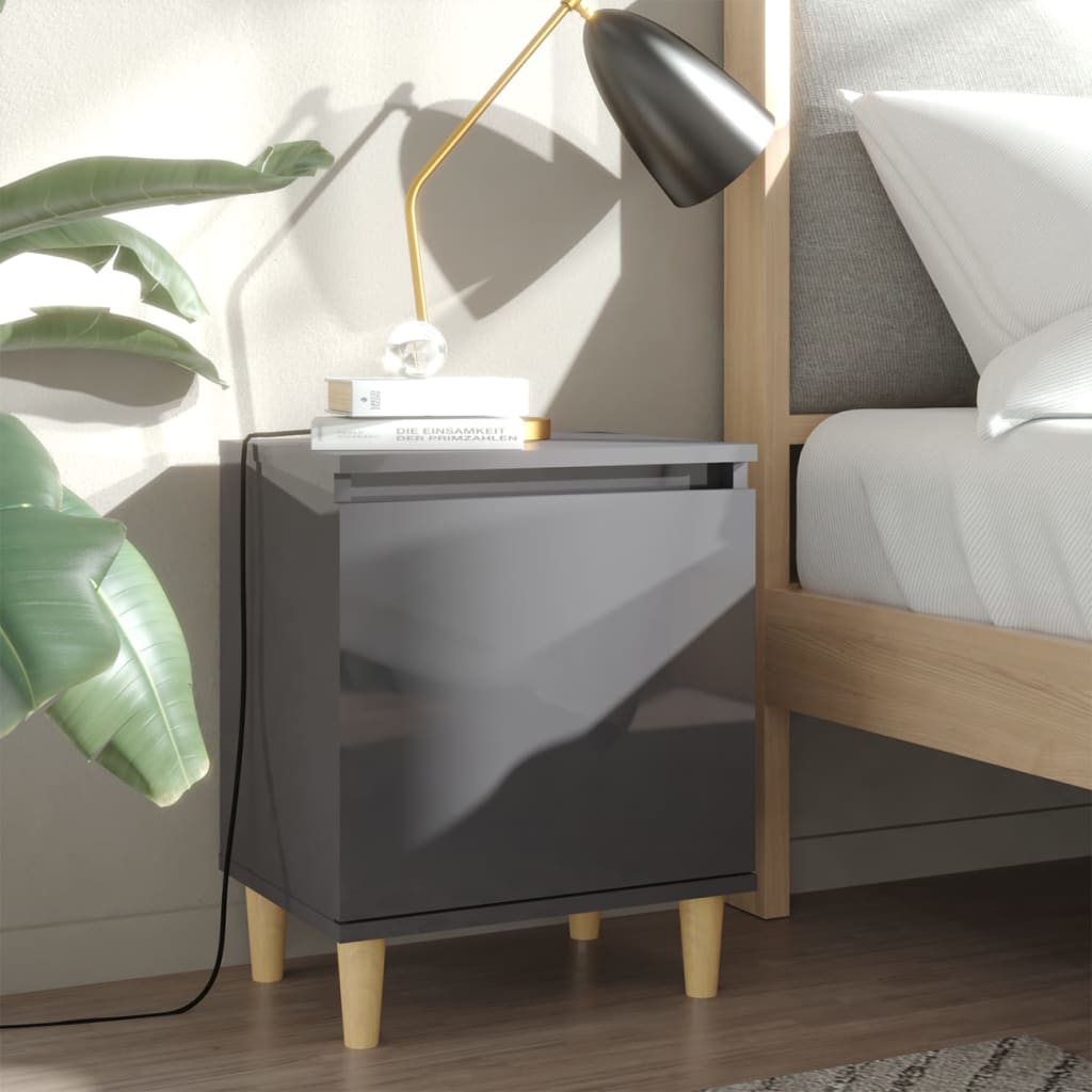 Comodini Gambe in Legno Massello 2pz Grigio Lucido 40x30x50 cm