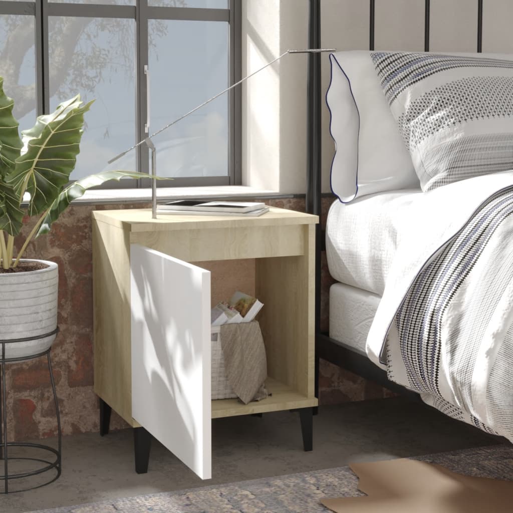 Comodino con Gambe in Metallo Rovere Sonoma e Bianco 40x30x50cm