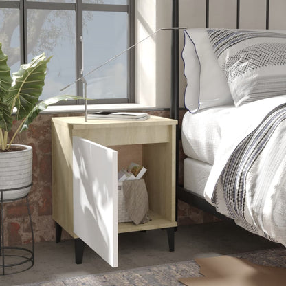 Comodino con Gambe in Metallo Rovere Sonoma e Bianco 40x30x50cm