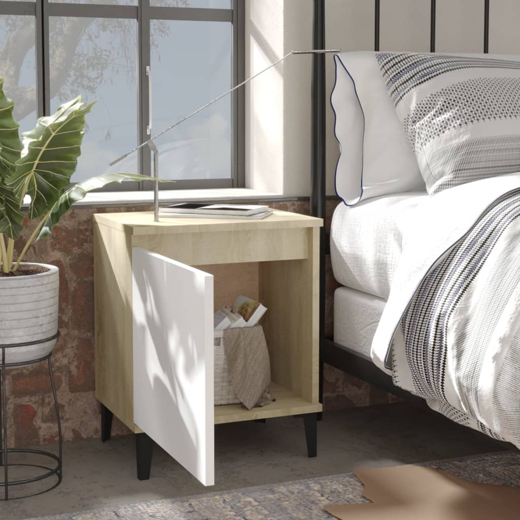 Comodini con Gambe in Metallo Rovere Sonoma e Bianco 40x30x50cm