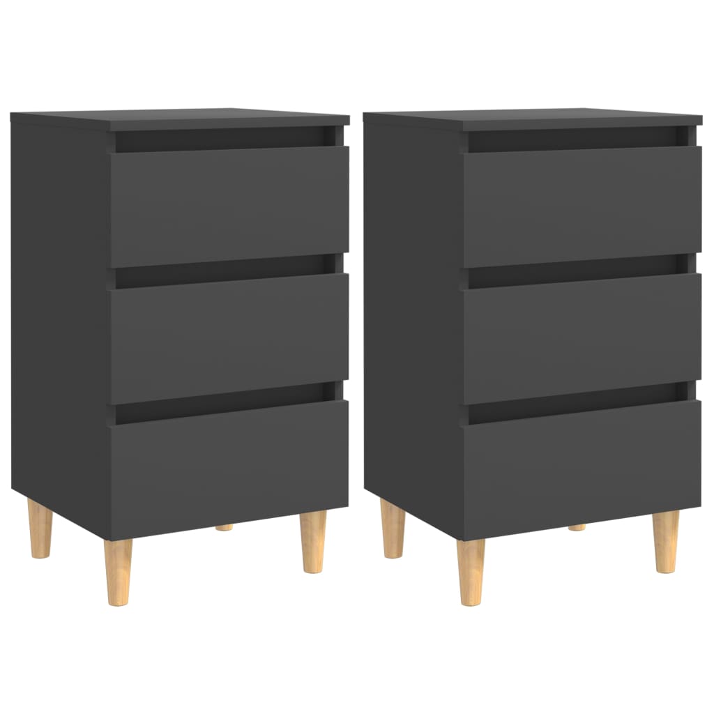 Comodini con Gambe in Legno Massello 2pz Grigi 40x35x69 cm