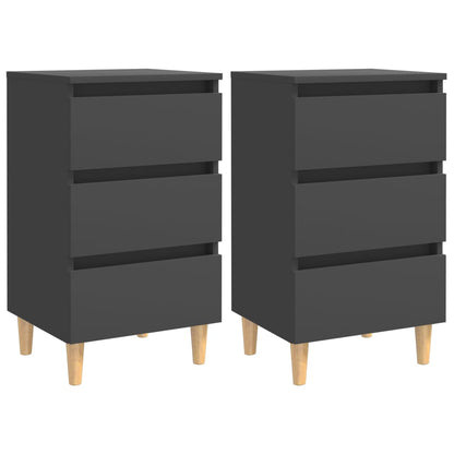 Comodini con Gambe in Legno Massello 2pz Grigi 40x35x69 cm