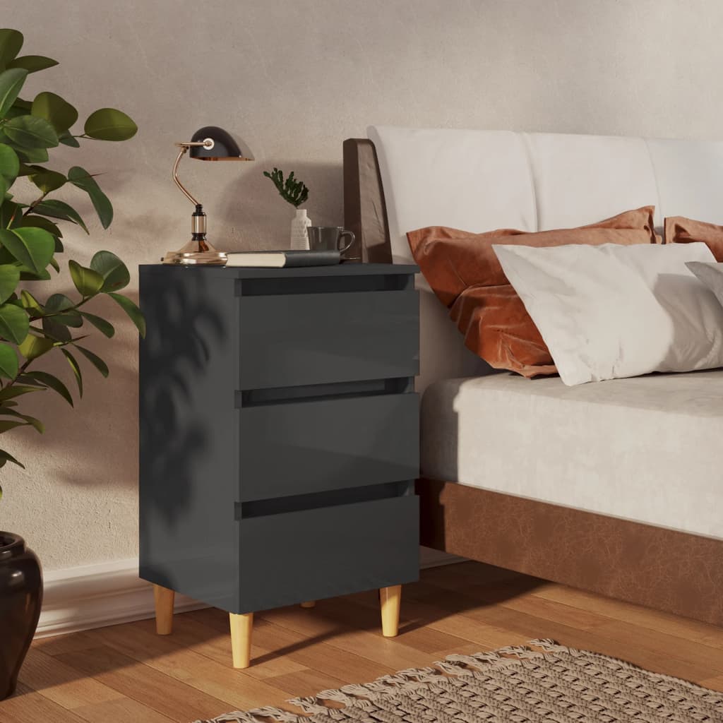 Comodini con Gambe in Legno 2pz Grigio Lucido 40x35x69 cm