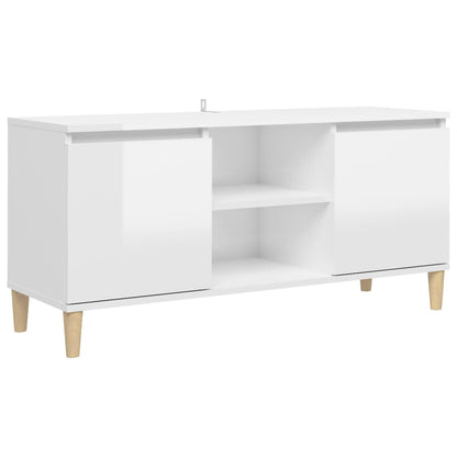 Mobile TV con Gambe Legno Massello Bianco Lucido 103,5x35x50 cm