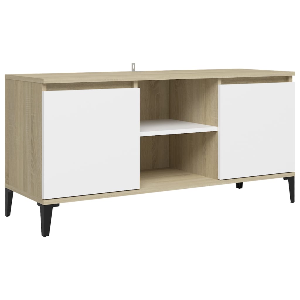 Mobile TV con Gambe in Metallo Bianco e Sonoma 103,5x35x50 cm