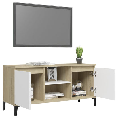 Mobile TV con Gambe in Metallo Bianco e Sonoma 103,5x35x50 cm