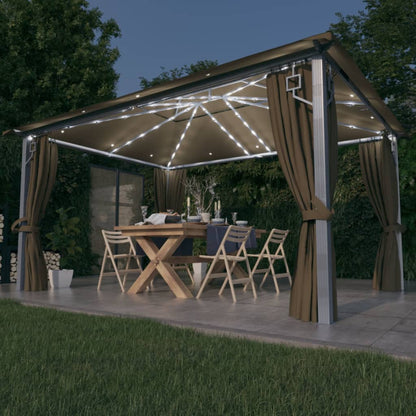 Gazebo con Tende e Luci LED 400x300 cm Grigio Talpa Alluminio