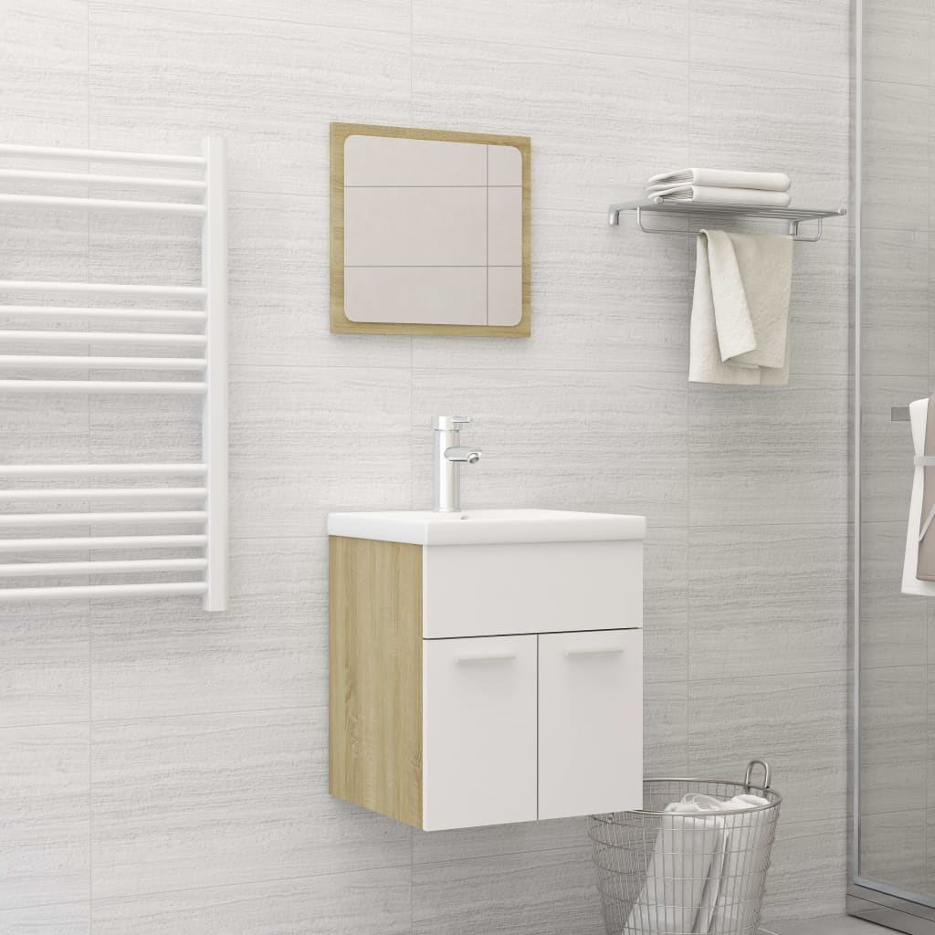 Set Mobili da Bagno Bianco e Rovere Sonoma in Truciolato