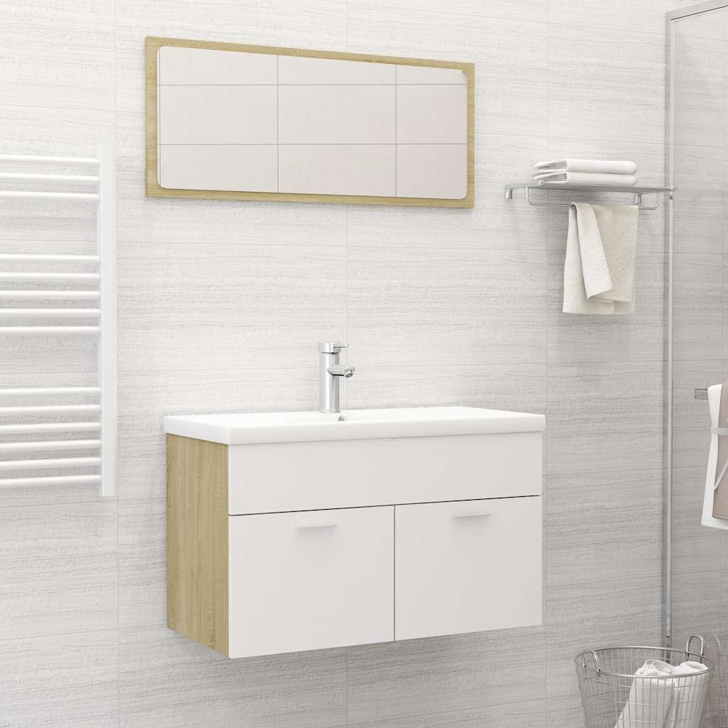 Set Mobili da Bagno Bianco e Rovere Sonoma in Truciolato