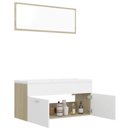 Set Mobili da Bagno Bianco e Rovere Sonoma in Truciolato
