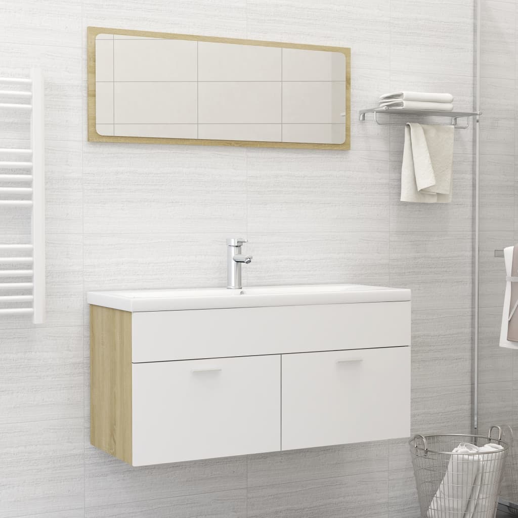 Set Mobili da Bagno Bianco e Rovere Sonoma in Truciolato